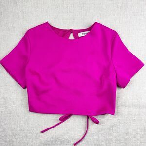 DO + BE Crop Top Women's Pink Short Sleeve Lace Up Back Shirt NWT